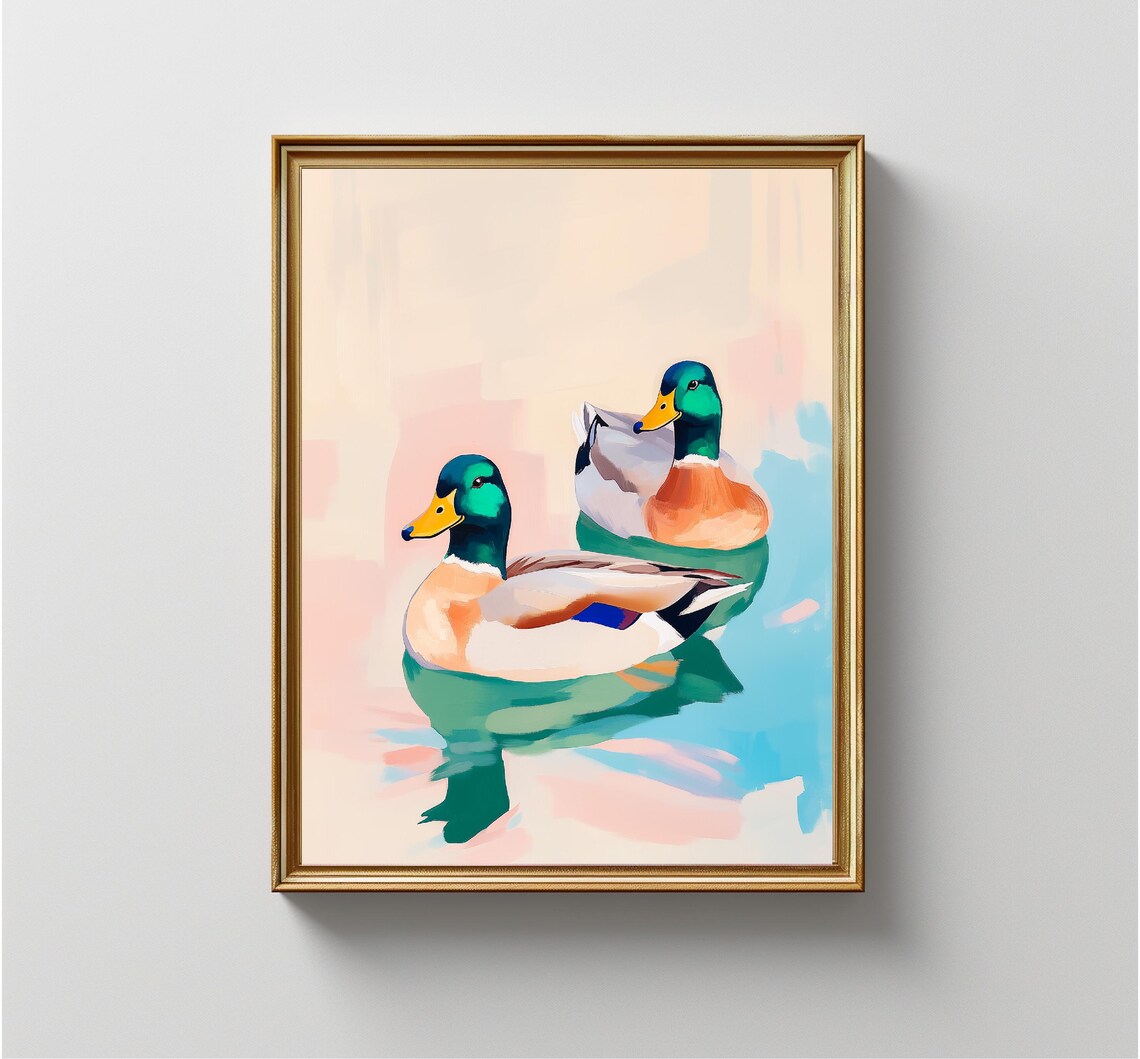 Two Mallard Ducks Swimming Pastel Pond Modern Animal Painting Print - Image 4