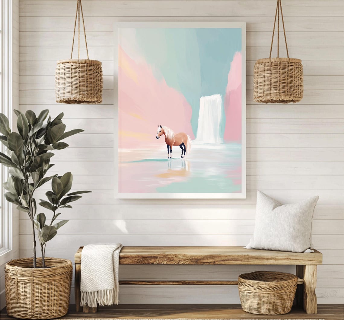 Horse Standing By Waterfall Dreamy Pastel Pink Nursery Wall Art - Image 2