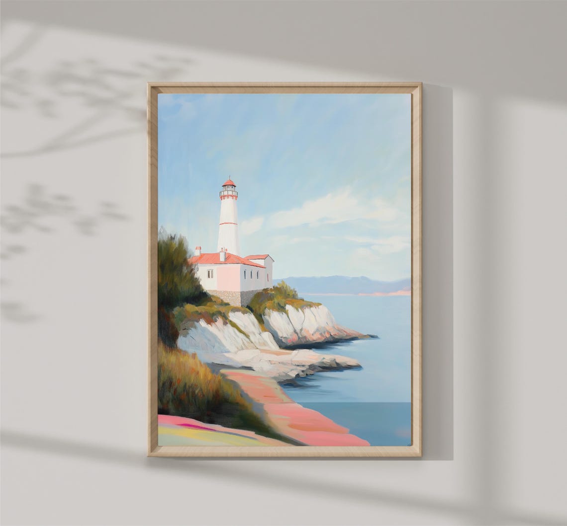 White Lighthouse On Rocky Cliffs Blue Sea Coastal Beacon Print