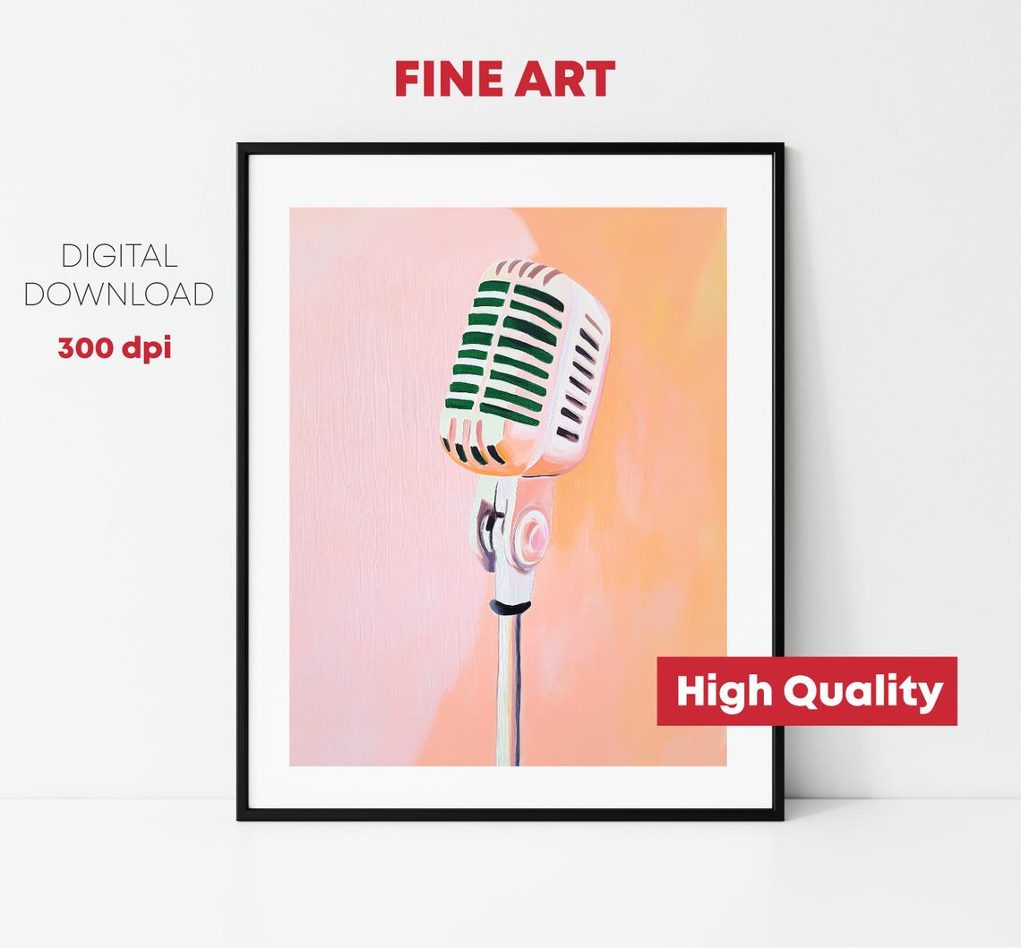 Vintage Retro Microphone Pink Orange Background Music Art Print - Image 2