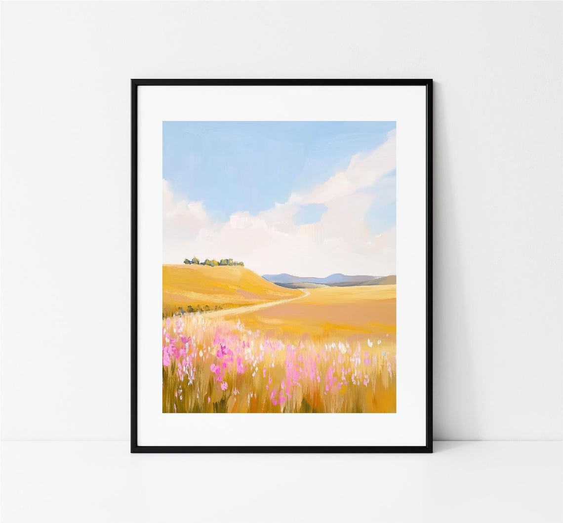 Golden Wheat Field Pink Wildflowers Blue Sky Countryside Poster - Image 3