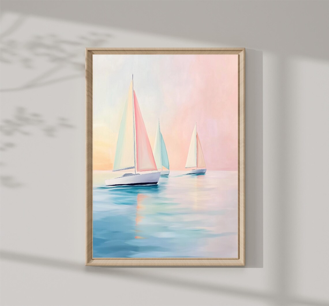 Three Sailboats Calm Pastel Sunset Sea Serene Coastal Sailing Art Print