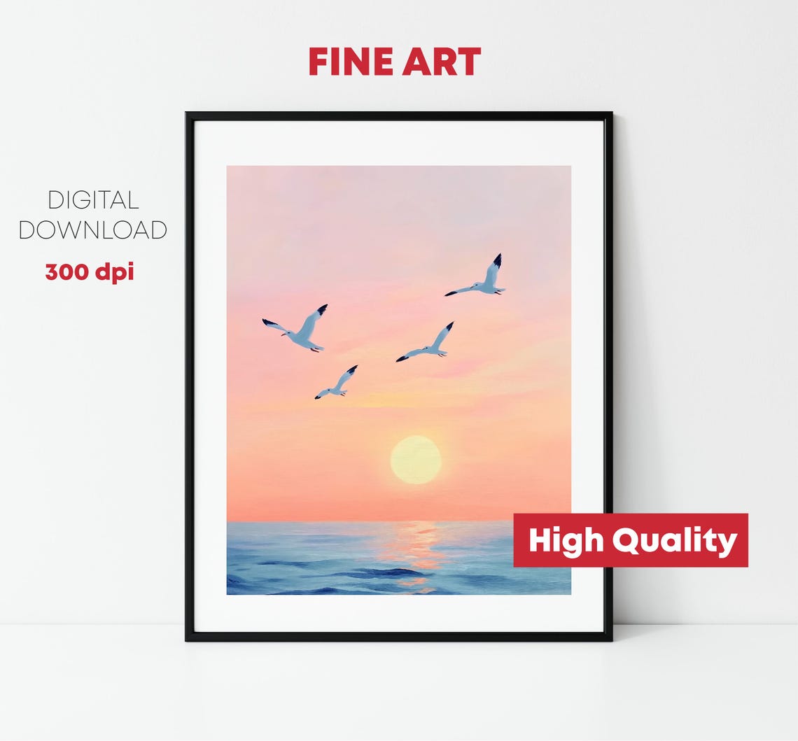 Four Seagulls Flying Pink Sunset Ocean Sky Seascape Beach Print - Image 2