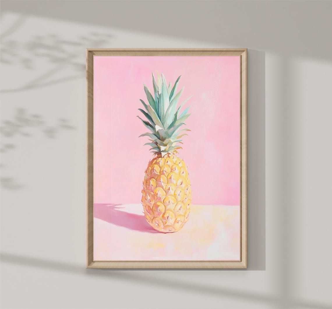 Pastel Pineapple Watercolor Pink Background Tropical Fruit Print