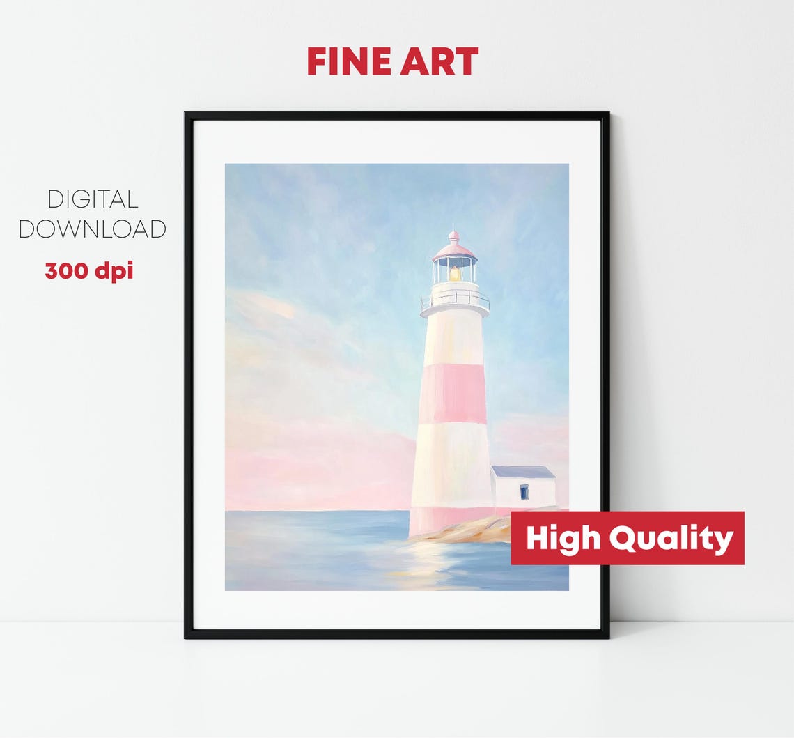 Pink And White Striped Lighthouse Rocky Shore Pastel Coastal Art Print - Image 2