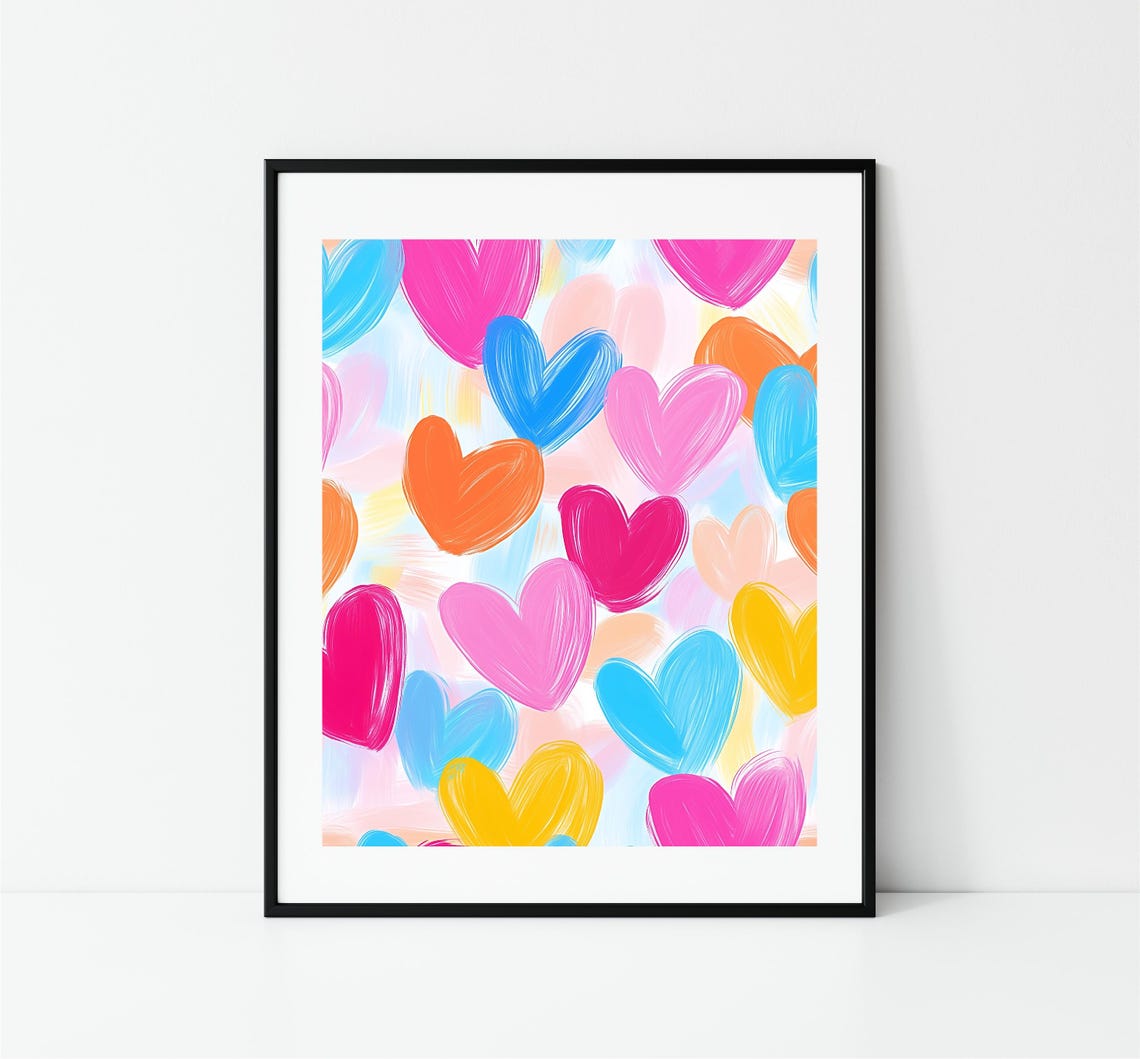 Colorful Hearts Pattern Brushstroke Pink Blue Orange Love Art Print - Image 3