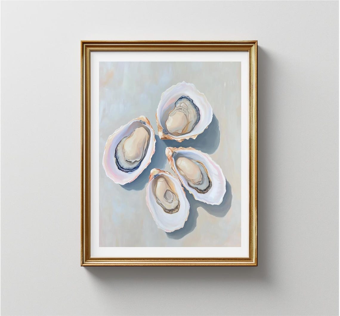 Four Oyster Shells Cream Background Minimalist Coastal Art Print - Image 2