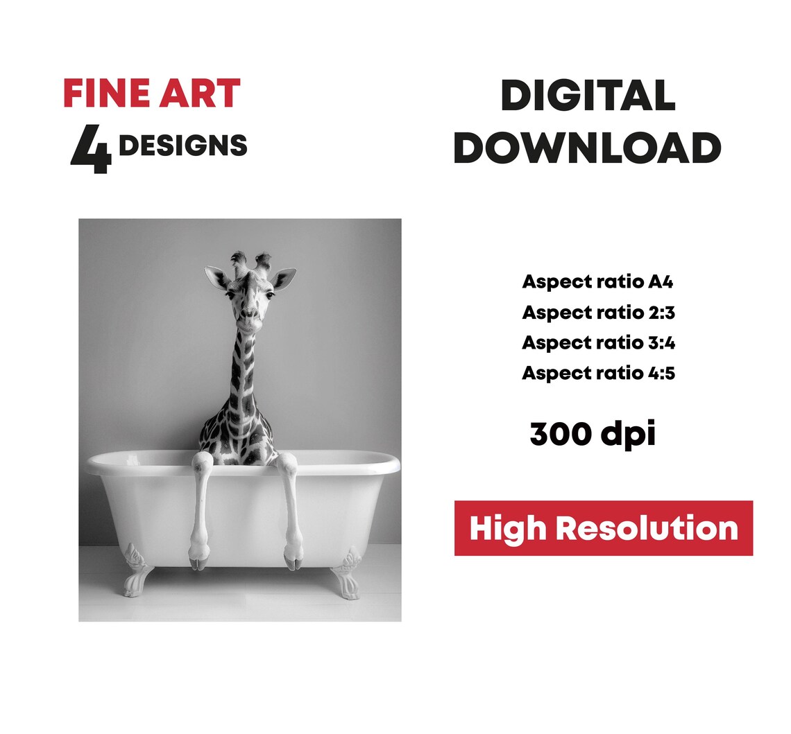 Baby Giraffe Sitting In White Bathtub Black White Photo Print - Image 3