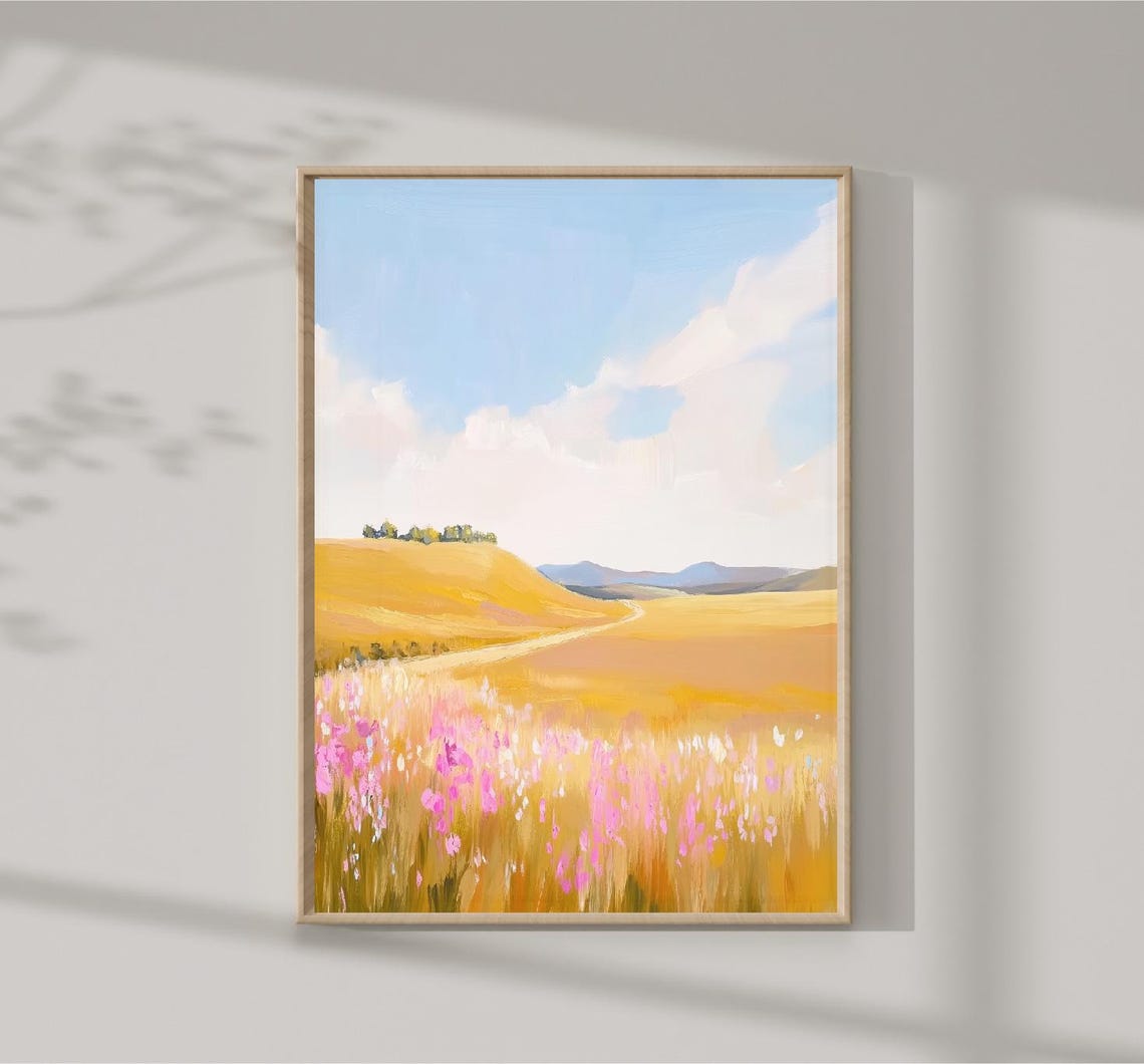 Golden Wheat Field Pink Wildflowers Blue Sky Countryside Poster
