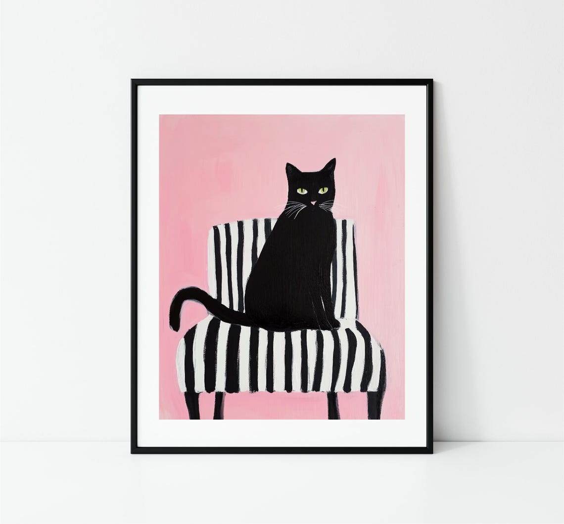 Black Cat On Striped Chair Pink Background Whimsical Cat Poster - Image 3