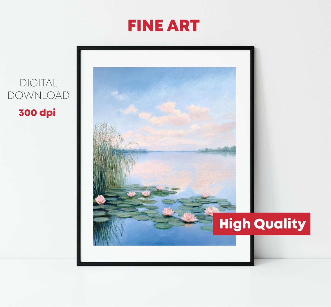 Pink Water Lilies Calm Blue Lake Reflections Tranquil Pond Print - Image 2