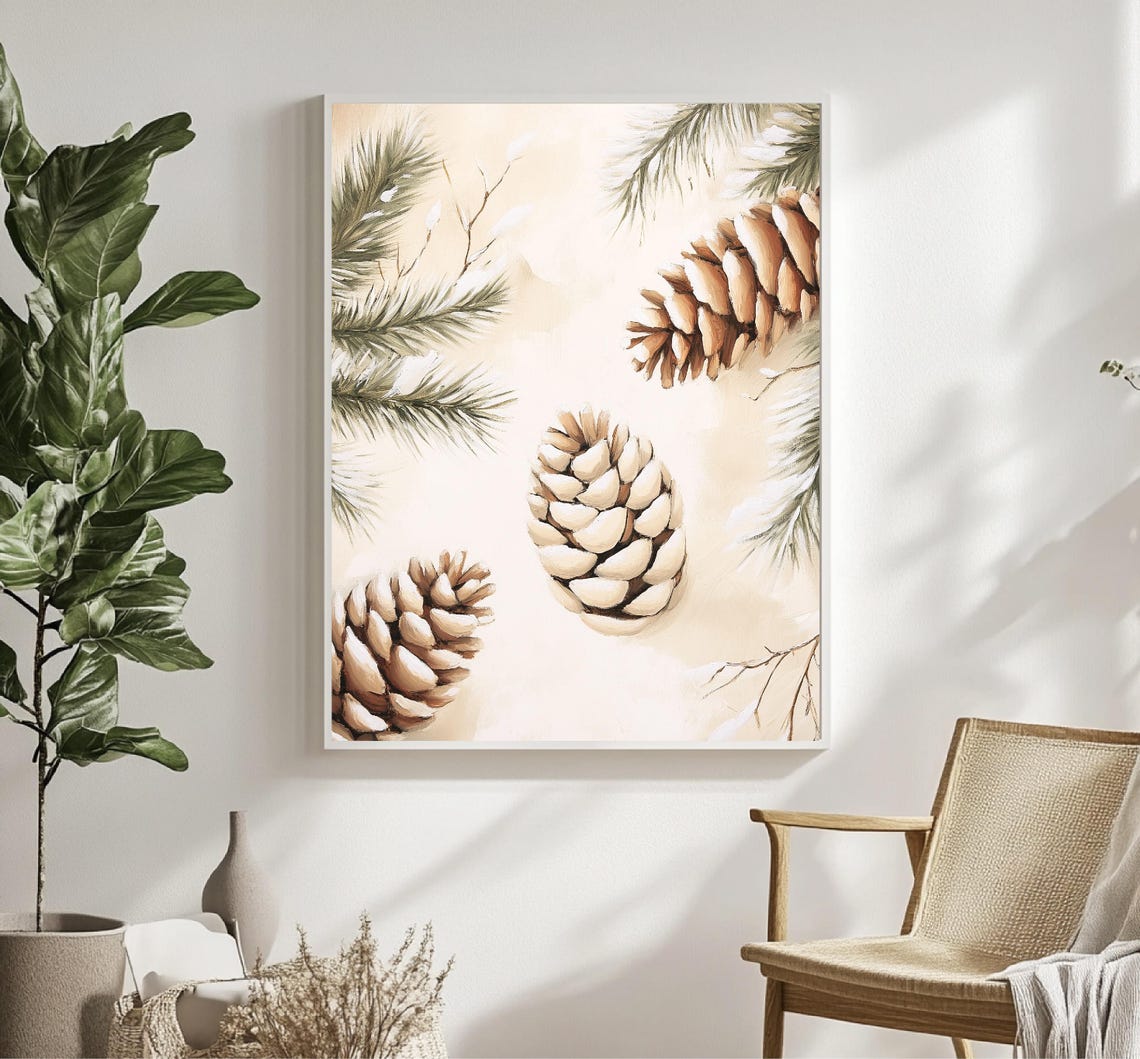 Elegant Pinecones Snowy Branches Neutral Christmas Botanical Print - Image 5