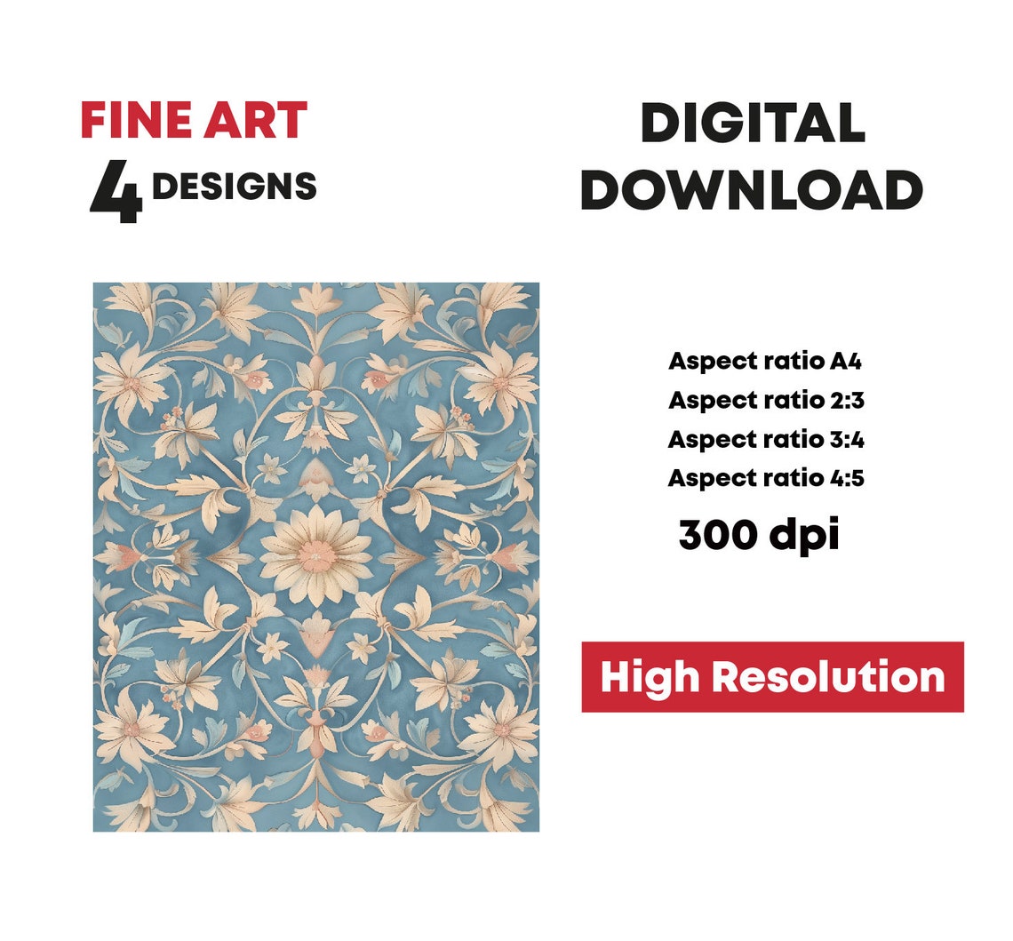 Blue Cream Indian Floral Pattern Ornate Traditional Textile Print - Image 3