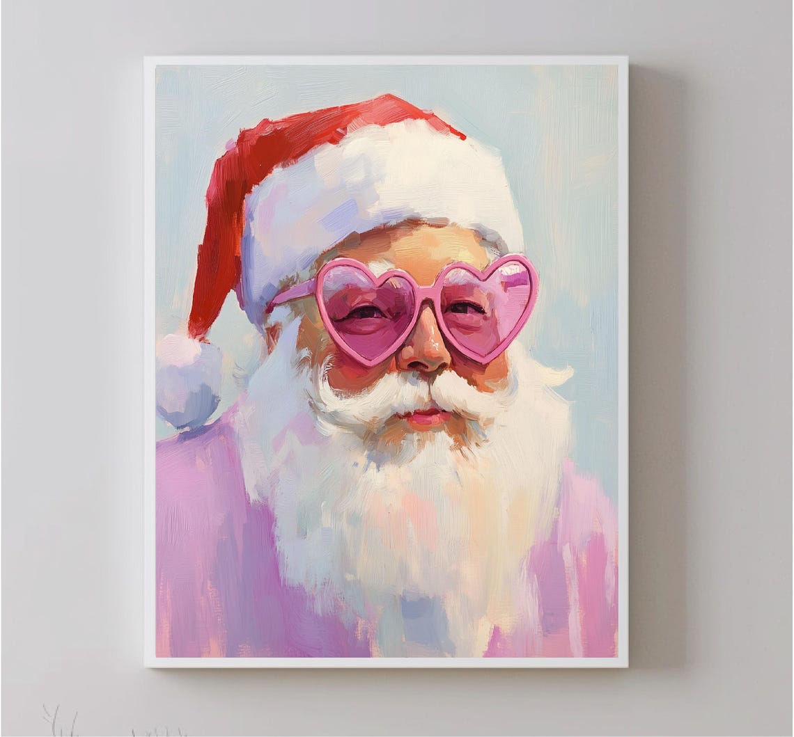 Painting Of Pink Santa Claus Portrait Pink Christmas Art Print Christmas Home Decoration Christmas Card