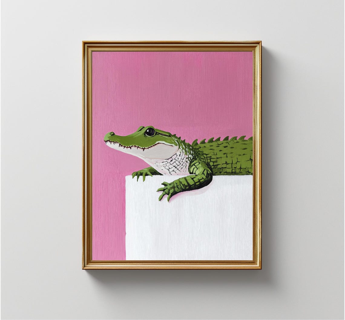 Smiling Green Crocodile Peeking Over Ledge Pink Background Print - Image 4