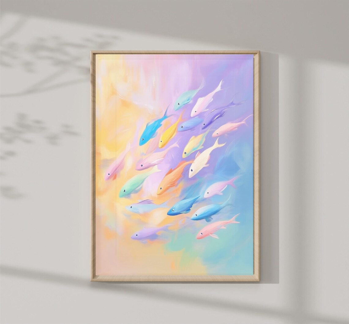 School Of Pastel Fish Swimming Colorful Watercolor Marine Poster