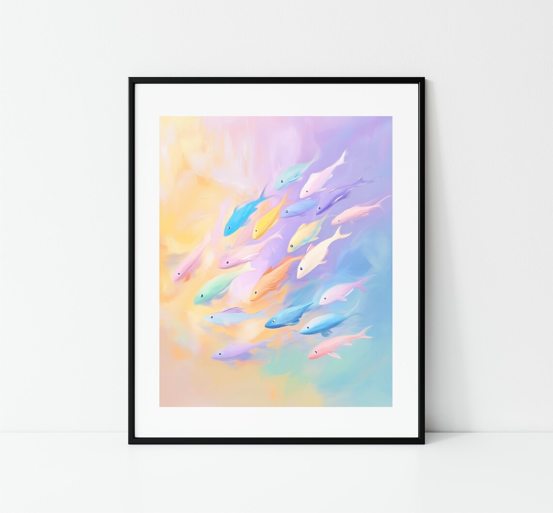School Of Pastel Fish Swimming Colorful Watercolor Marine Poster - Image 3