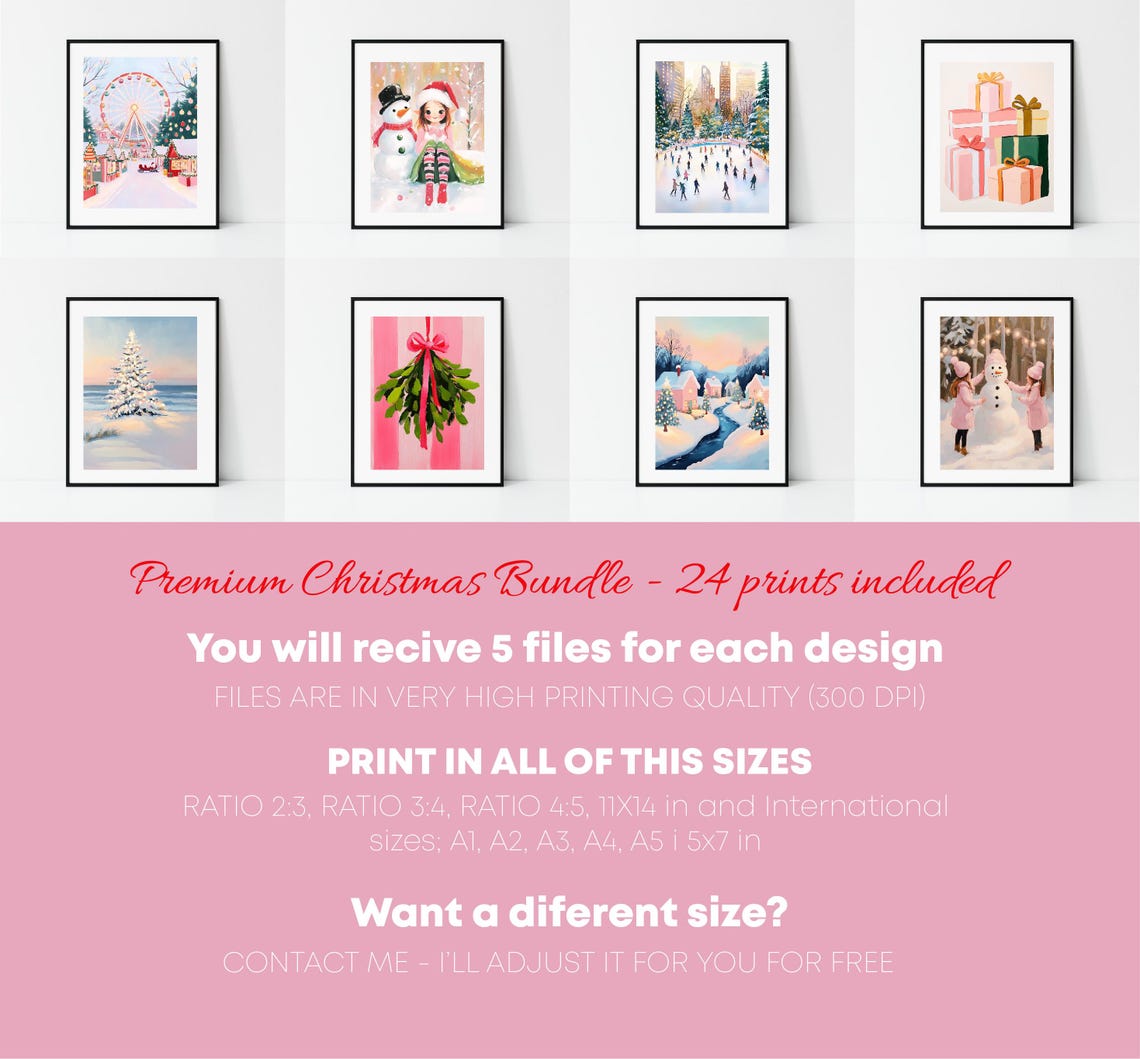 Pink Christmas Bundle 24 Prints Holiday Gallery Wall Art Set Poster - Image 3