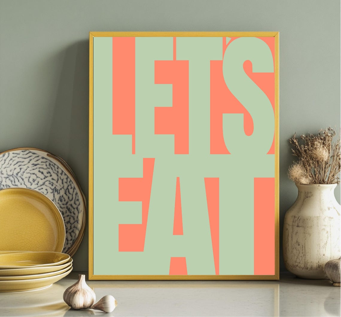 Lets Eat Stacked Green Typography Coral Background Kitchen Wall Art - Image 4