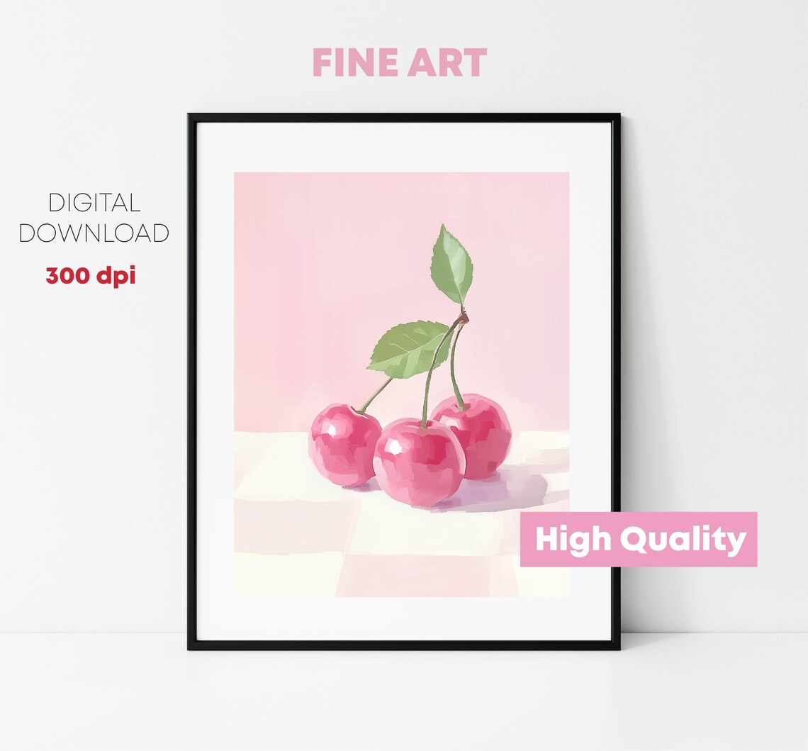Pink Cherries On Pastel Background Sweet Fruit Kitchen Art Poster - Image 2