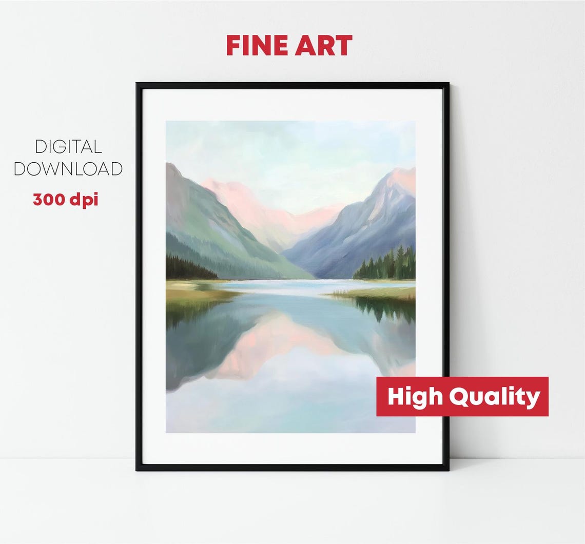 Soft Pastel Mountain Lake Reflection Serene Landscape Art Print - Image 2