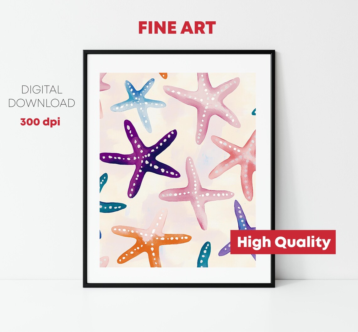 Colorful Starfish Pattern Pink Purple Beach Coastal Sea Life Art Print - Image 2