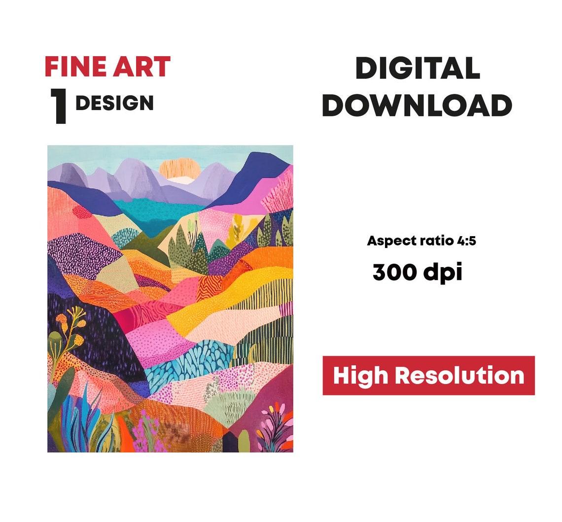 Colorful Patchwork Mountain Landscape Sunset Abstract Art Poster - Image 2