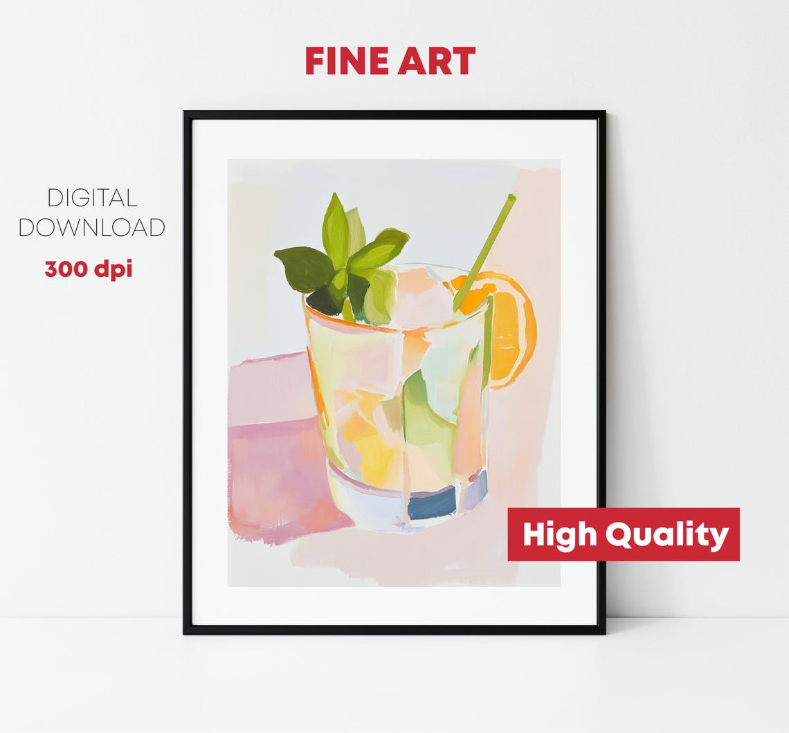 Citrus Mojito Cocktail Mint Orange Slice Pastel Bar Kitchen Art Print - Image 2