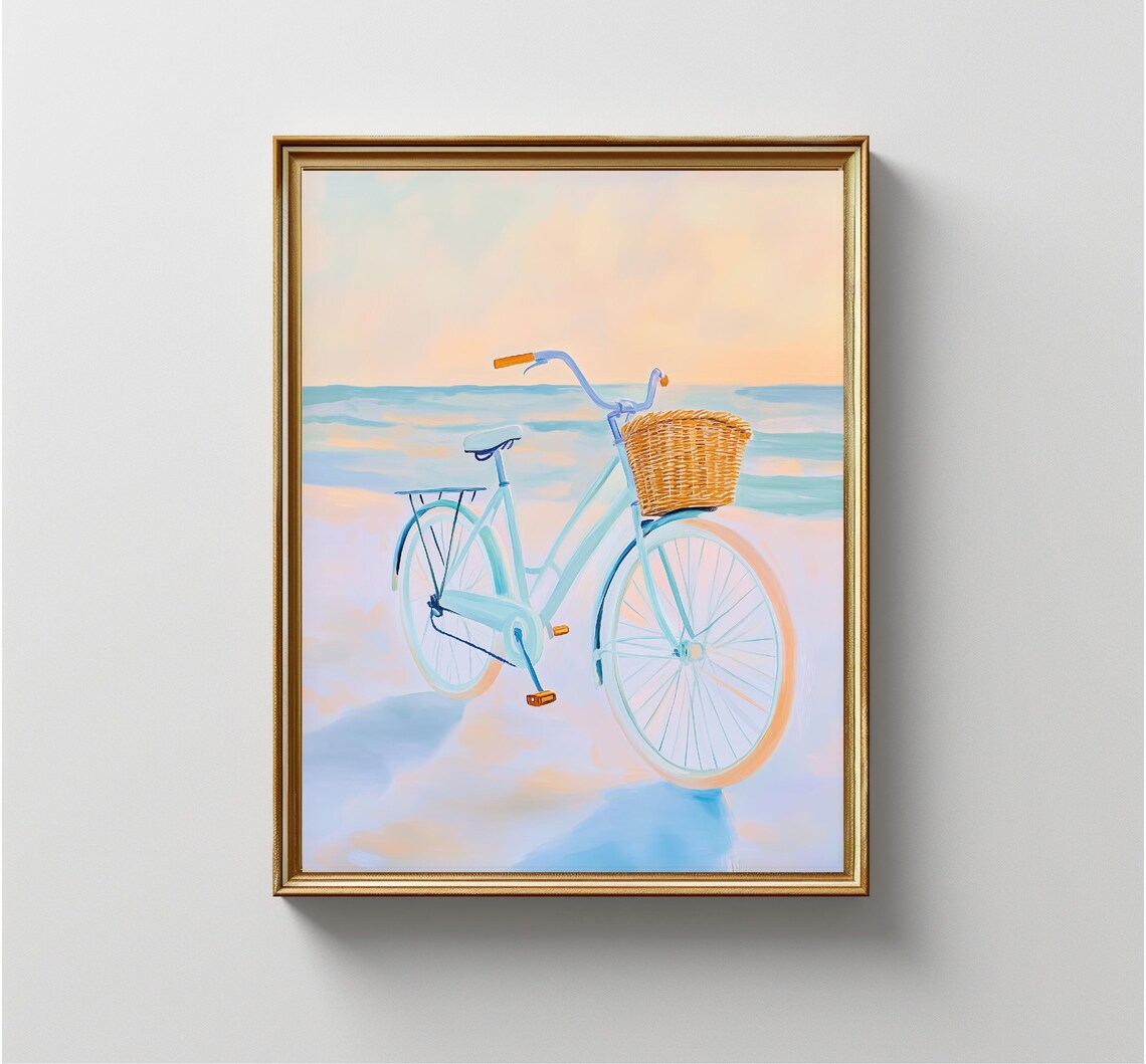 Blue Beach Cruiser Bike Wicker Basket Pastel Sunset Ocean Art Print - Image 4
