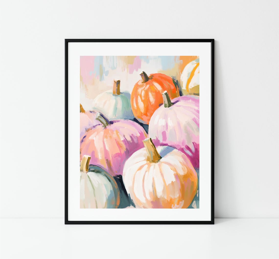 Pastel Pumpkins Pink Orange White Fall Harvest Seasonal Print - Image 3