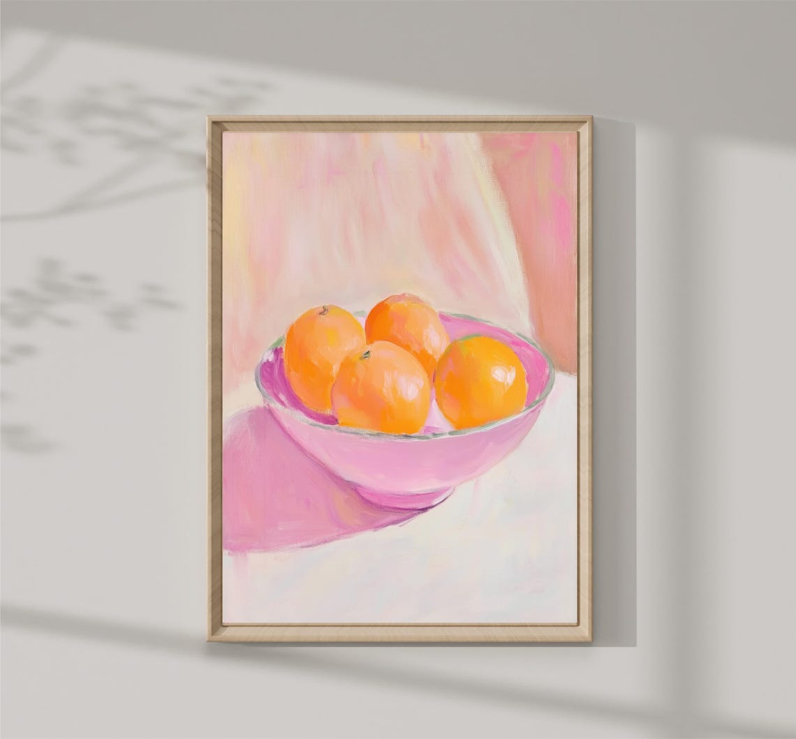 Pastel Oranges In Pink Bowl Sunny Still Life Kitchen Decor Print