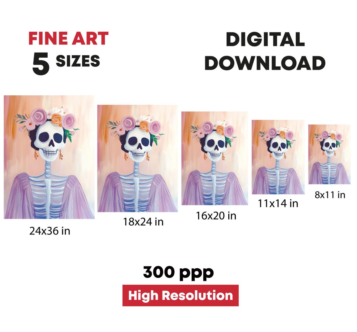 Floral Crown Skeleton Woman Day Of The Dead Pastel Art Print - Image 4