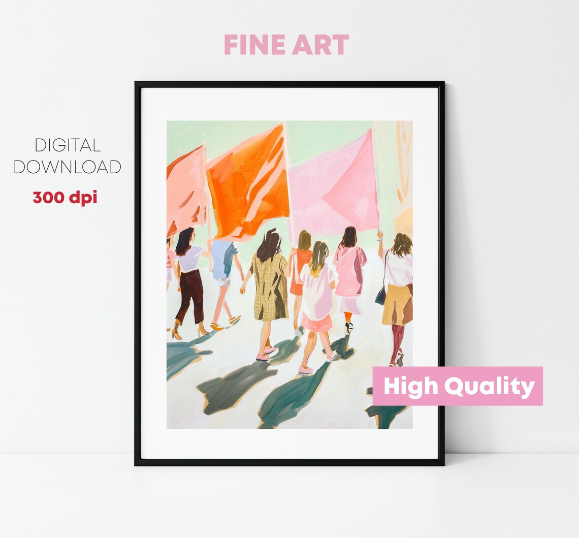 Women Marching With Orange Flags Feminist Empowerment Art Poster - Image 5