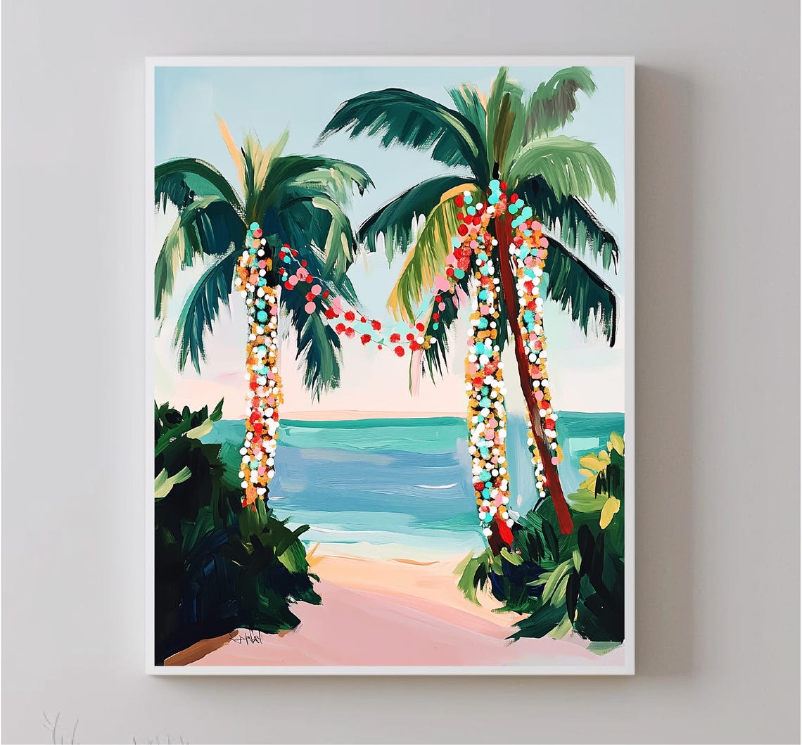 Tropical Christmas Palm Trees With Holiday Lights Beach View Poster