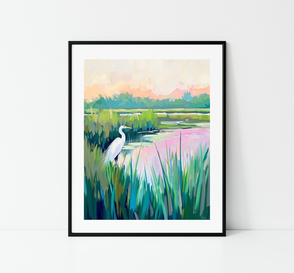 White Egret Sunset Marsh Wetlands Pink Sky Nature Painting Poster - Image 3