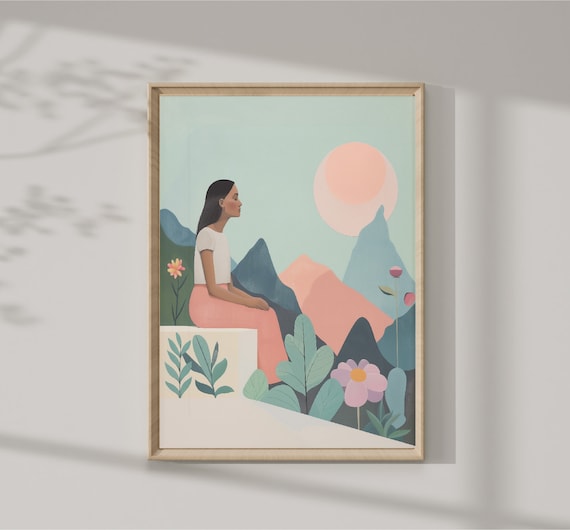 Woman Sitting In Pastel Mountain Meadow Contemporary Art Print