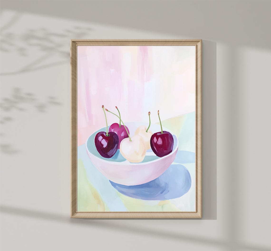 Bowl Of Red And White Cherries Pastel Still Life Kitchen Print