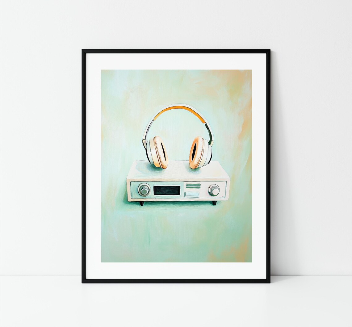 Vintage Headphones Resting On Retro Stereo Receiver Pastel Music Poster - Image 3