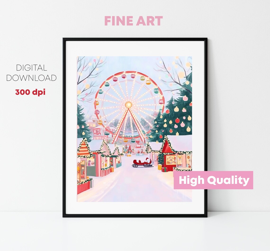 Snowy Amusement Park Christmas Scene Art Print - Image 3