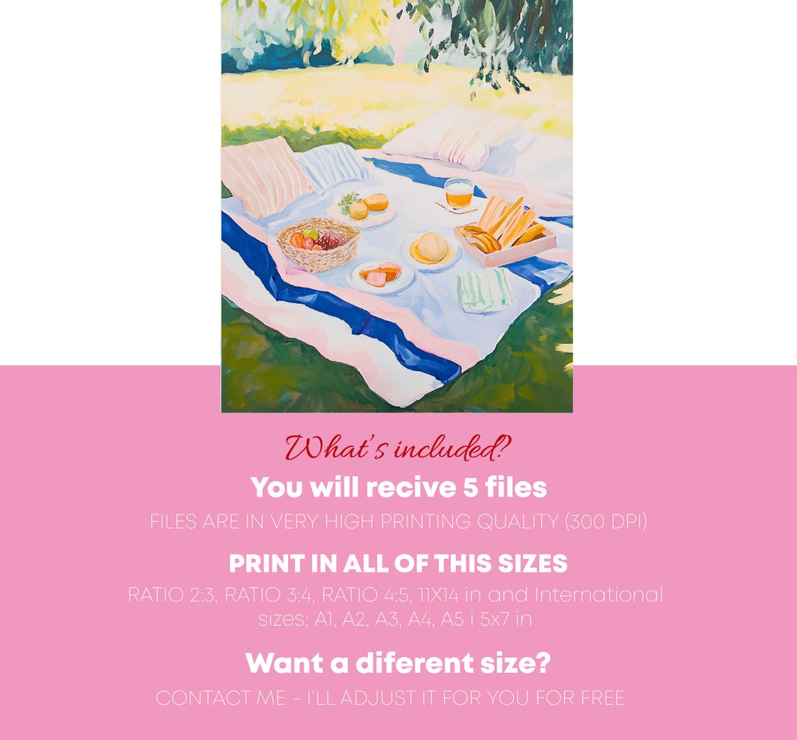 Sunny Summer Picnic Blanket Feast Park Meadow Painting Wall Poster - Image 3