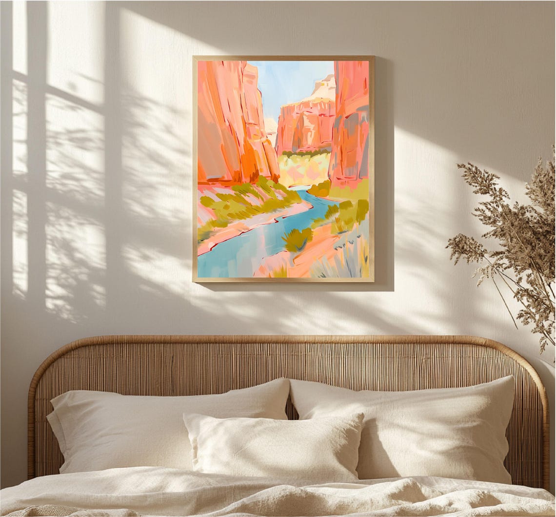 Pastel Canyon Cliffs With Blue River Desert Landscape Art Poster - Image 2