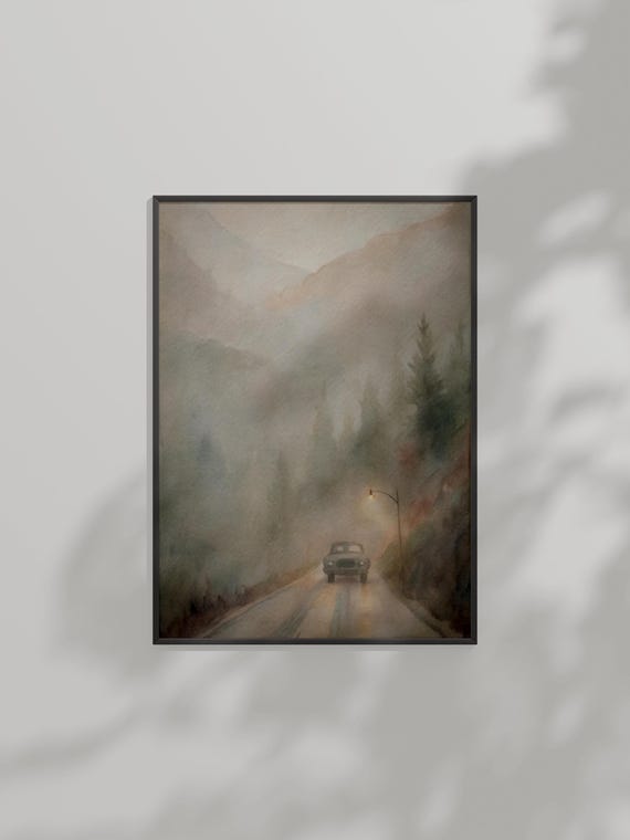 Misty Mountain Road At Dusk Watercolor Wall Art