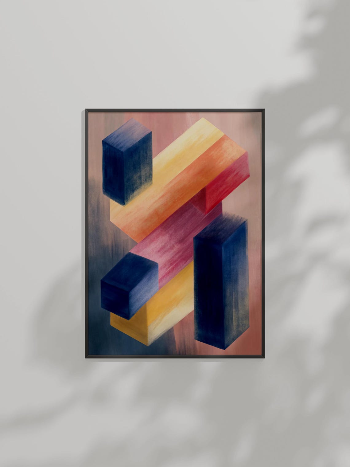 Bold Geometric Blocks Poster 3D Cubes In Navy Gold Pink And Red Tones