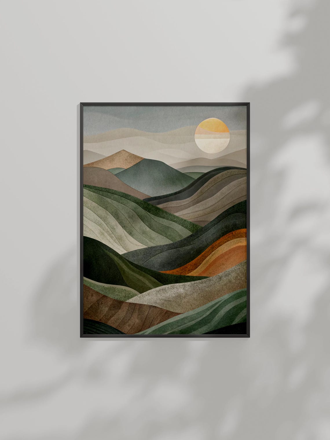 Sunlit Mountain Rolling Hills Abstract Moon Watercolor Art Poster