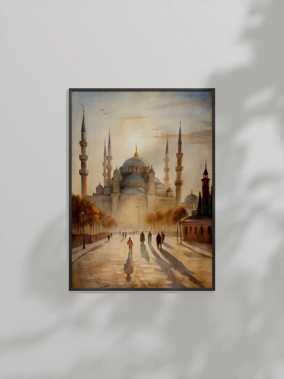 Blue Mosque Istanbul Golden Sunrise Watercolor Morning Poster
