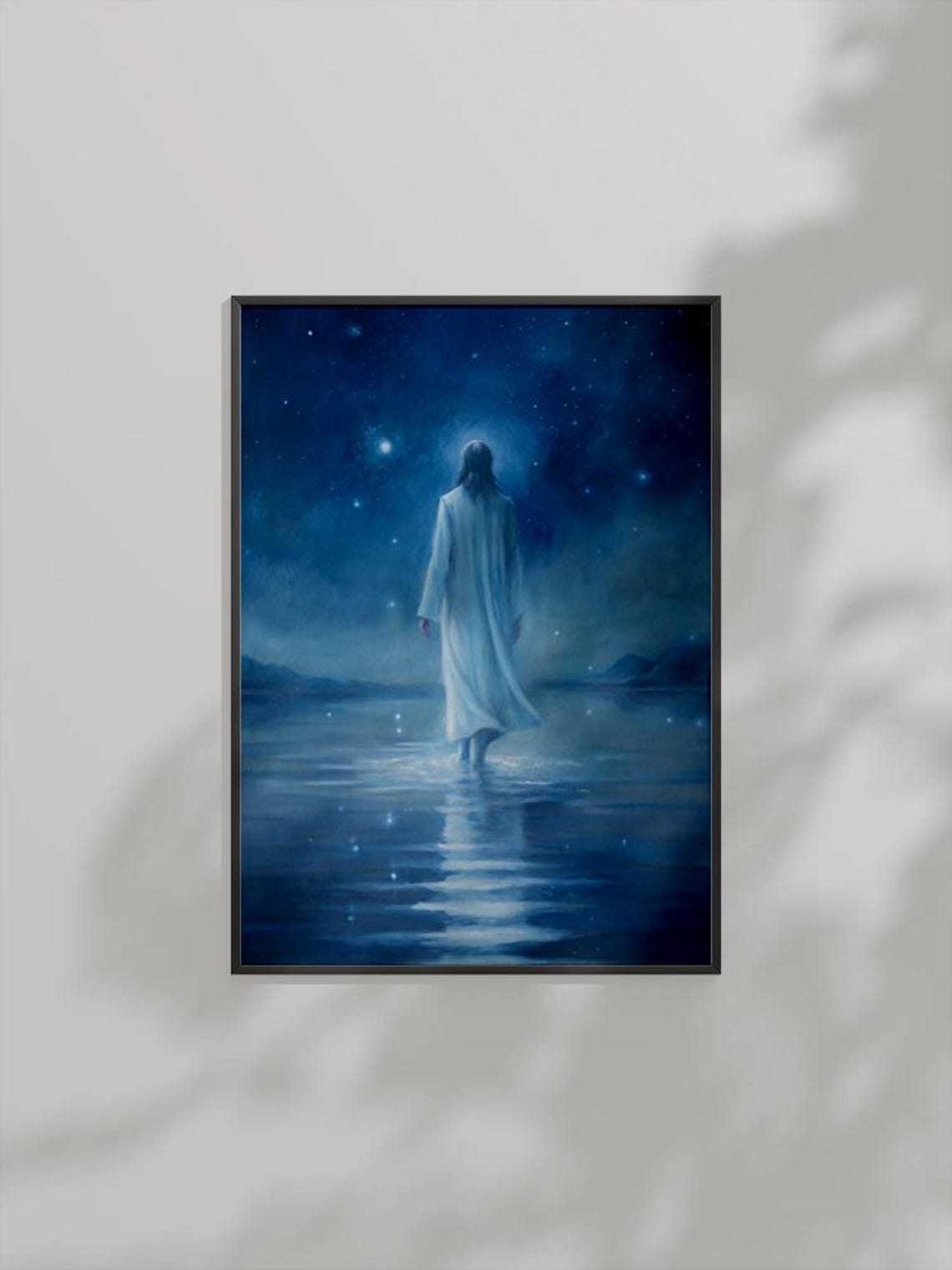 Jesus Walking On Water Under Starry Night Sky Christian Poster