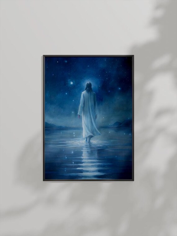 Jesus Walking On Water Under Starry Night Sky Christian Poster