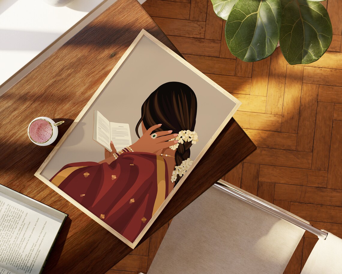 Indian Women In Saree Reading Book, Boho Art - Image 2