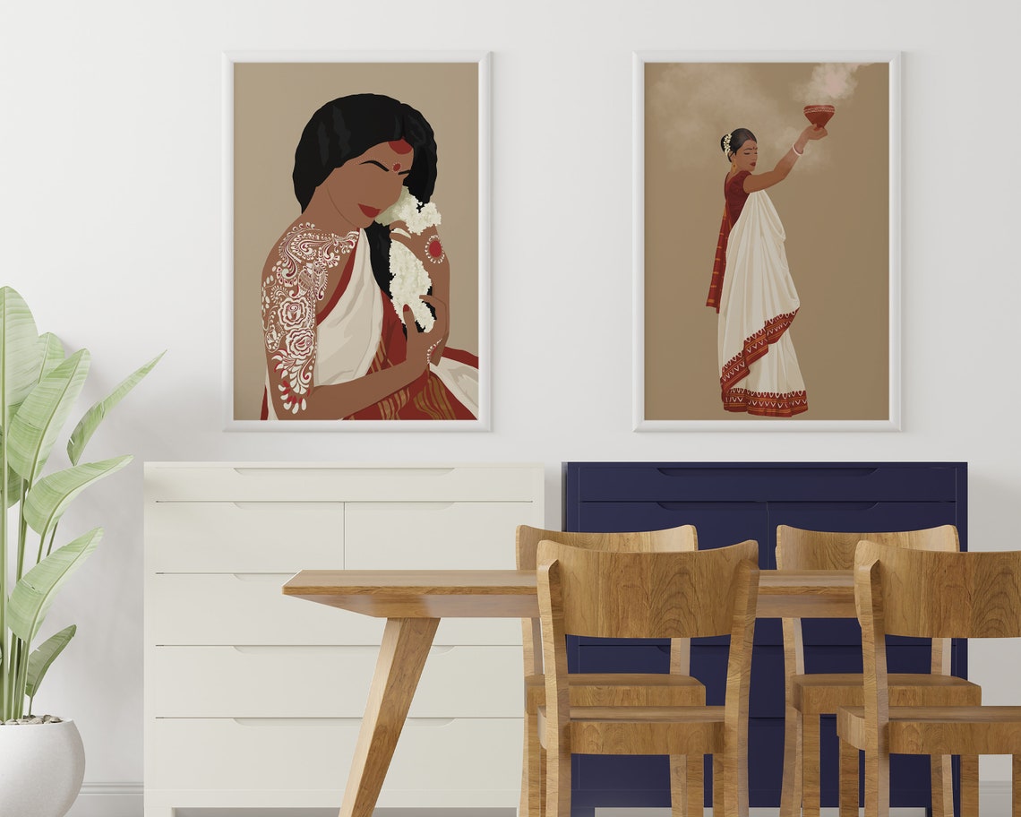Bengali Woman Dhunuchi Dance Art Kolkata Wall Art Desi Art South Asian Woman In Saree Brown Girl Indian Woman Art Bengali Home Decor - Image 2
