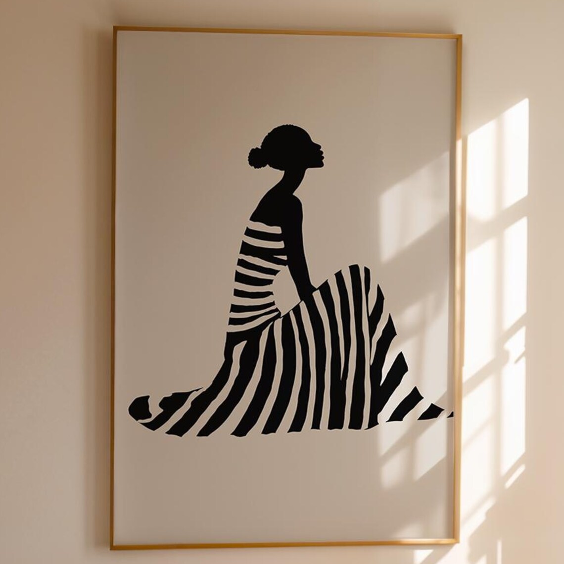 Seated Woman Striped Skirt Silhouette Minimal Modern Art Poster - Image 3